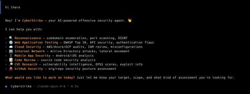 CyberStrike terminal session showing agent capabilities